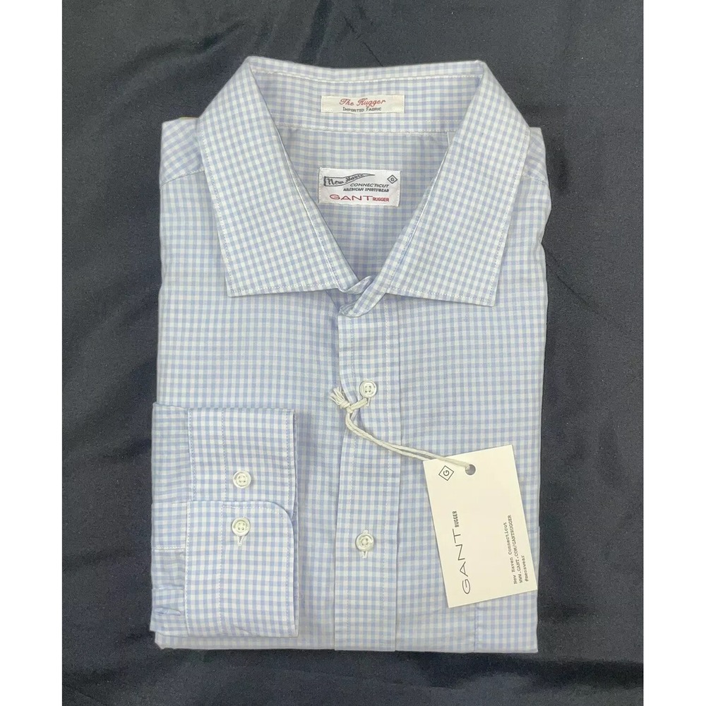 GANT The Hugger Rugger Light Blue White Cotton Checked Button Front Shirt XL NWT